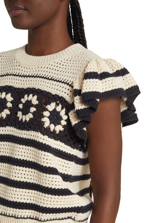 Rails Penelope Flutter-sleeve Crochet Blouse In Oat Navy Crochet Stripe