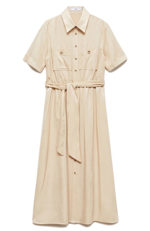 Shop Mango Belted Satin Midi Shirtdress In Beige