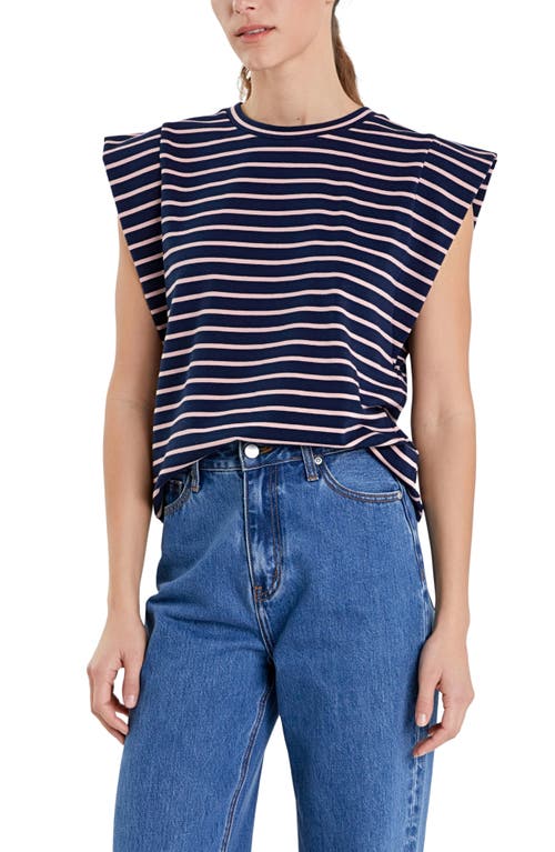 Shop English Factory Stripe Extended Shoulder T-shirt In Navy/pink