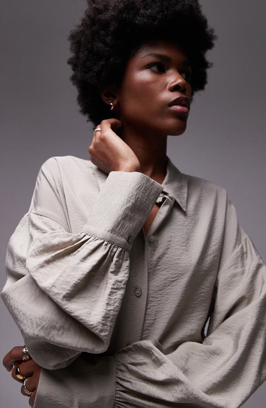 Topshop Textured Ruched Button-up Shirt In Light Green