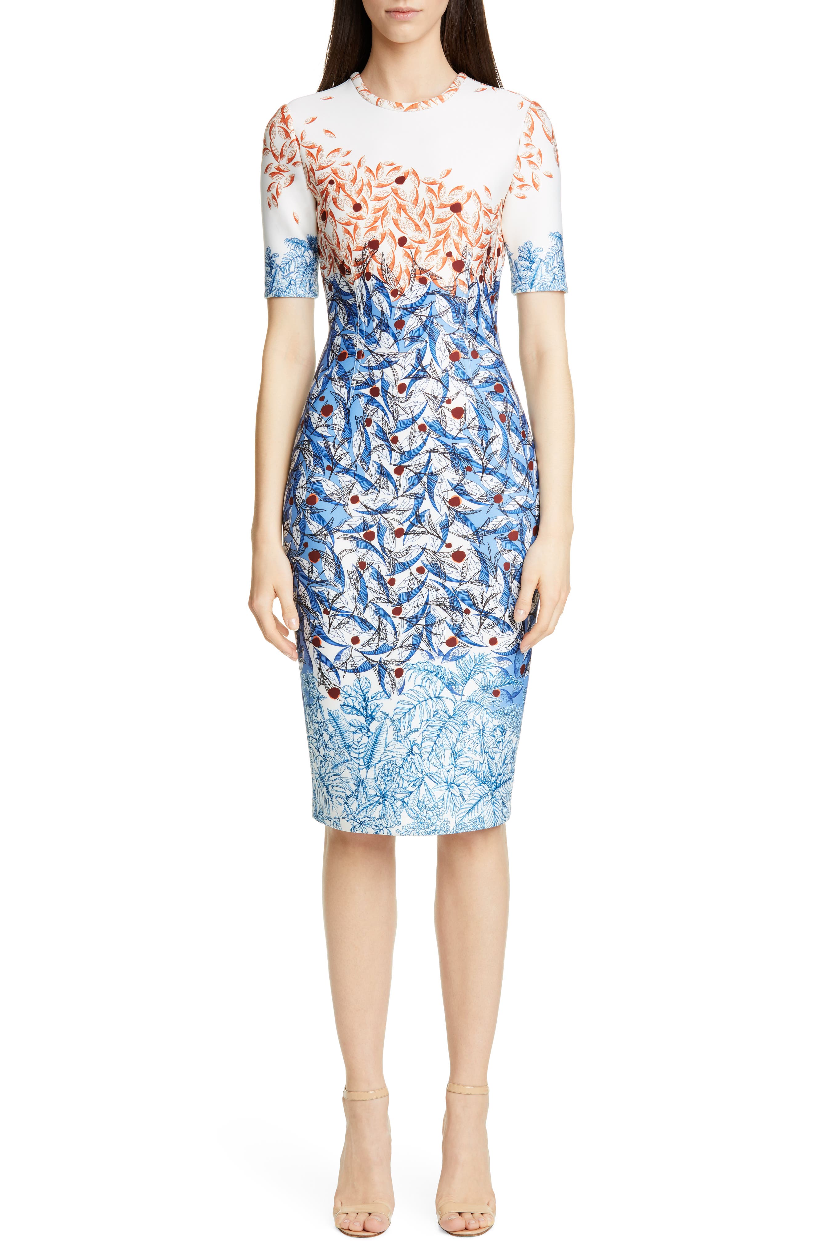 Yigal Azrouel Falling Leaf Print Scuba Body-Con Dress, White