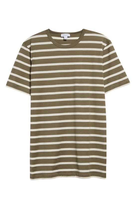 Sunspel Stripe Cotton Crewneck T-shirt In Khaki/ Ecru Breton Stripe