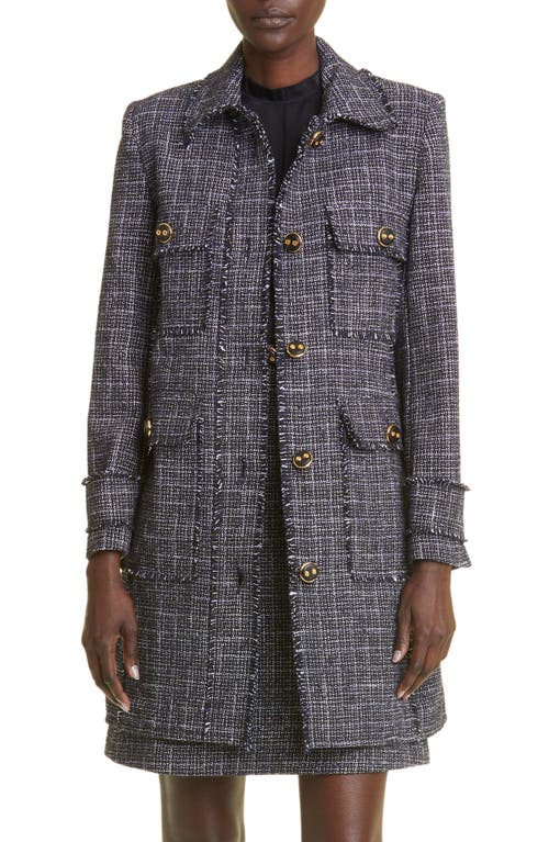 St. John Collection Check Tweed Longline Jacket in Navy/Moss/Ecru