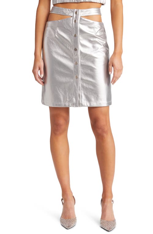 Amy Lynn Cutout Detail Metallic Faux Leather Pencil Skirt in Silver