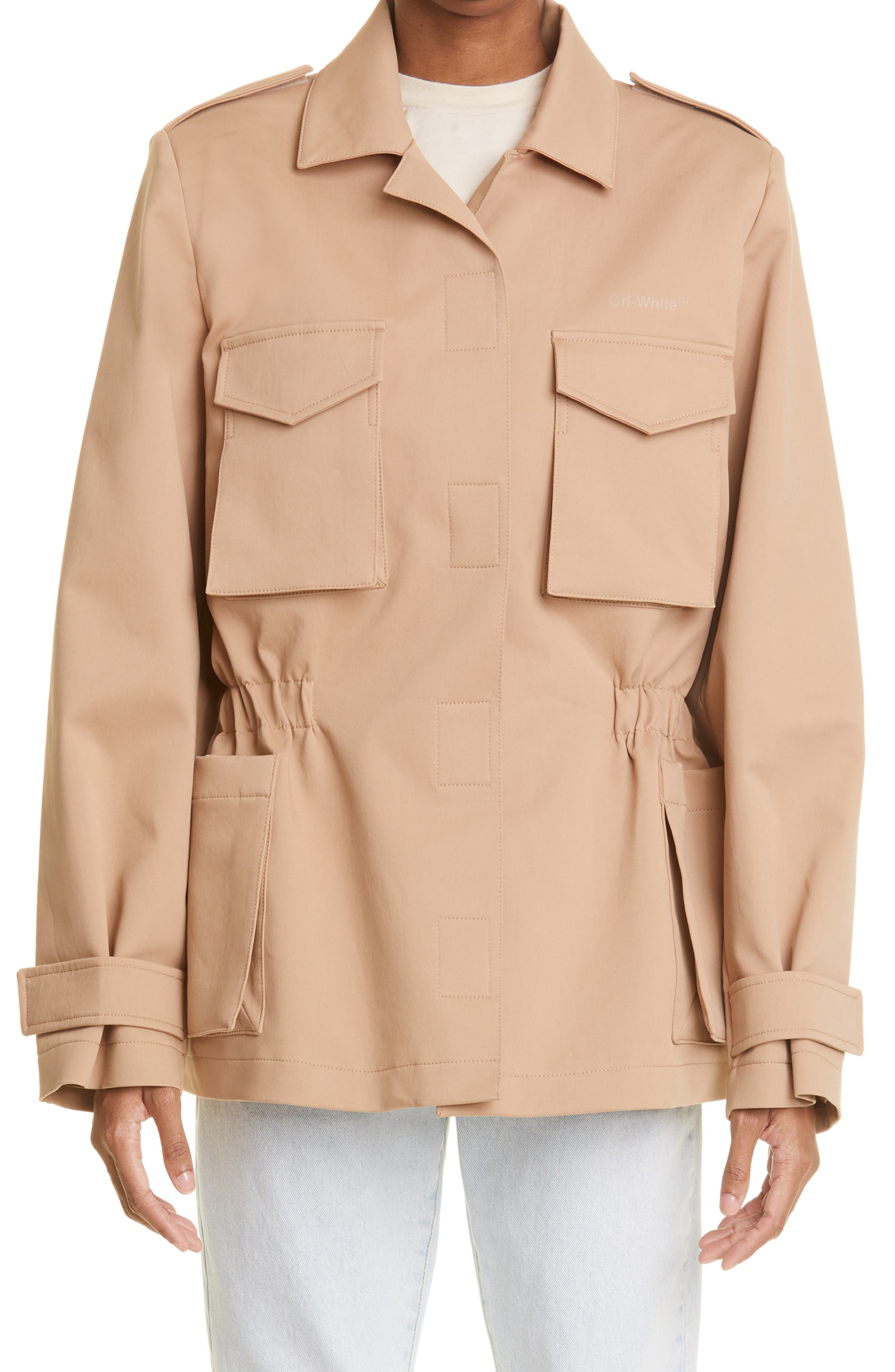 Off-White Diagonal Stripe Stretch Cotton Field Jacket in Camel at Nordstrom