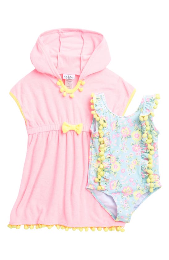 Nicole Miller Kids' One-piece Swimsuit & Coverup Set In Blushing Bride/ Neon Yellow