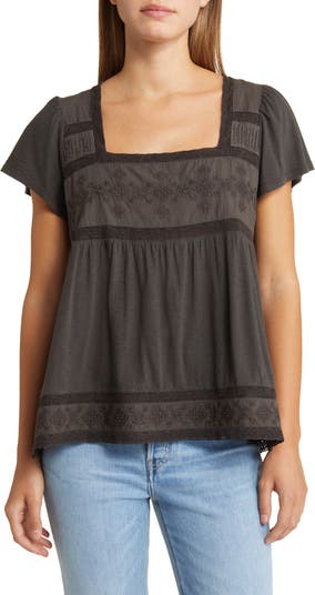 Lucky Brand Embroidered Square Neck Babydoll Top