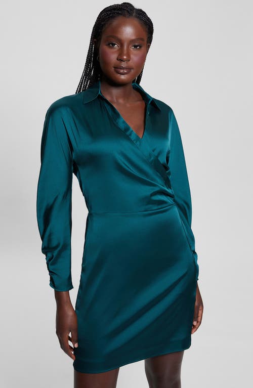 Shop Guess Tanya Long Sleeve Satin Dress In Dark Jade