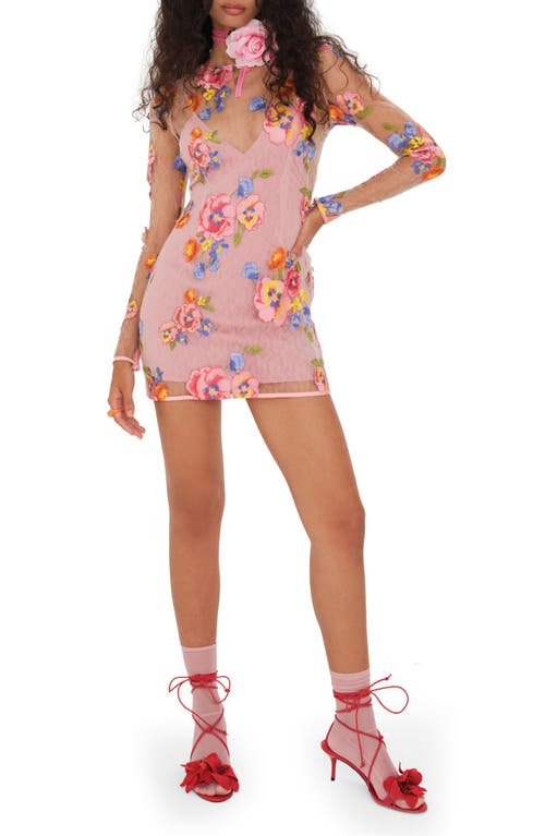 For Love & Lemons Percy Floral Embroidery Long Sleeve Lace Minidress in Pink Multi