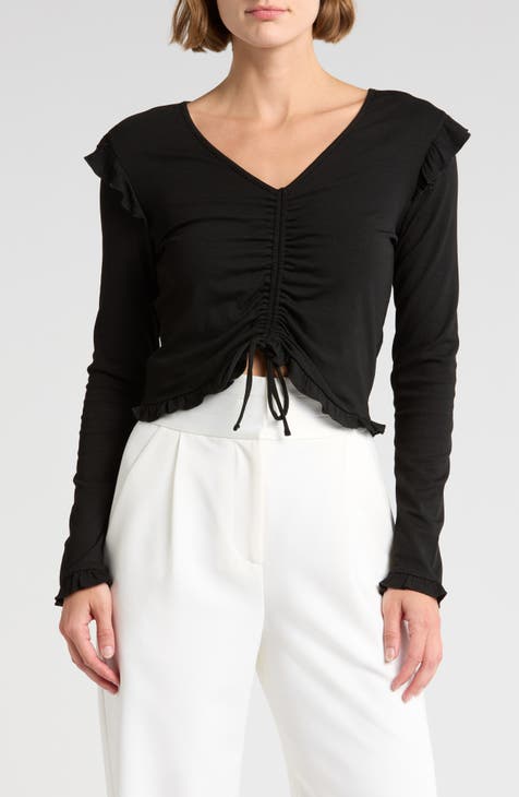 Drawstring Ruched Ruffle Knit Top