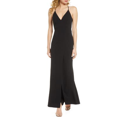 Sequin Hearts Lace Back Scuba Crepe Slip Gown, Black