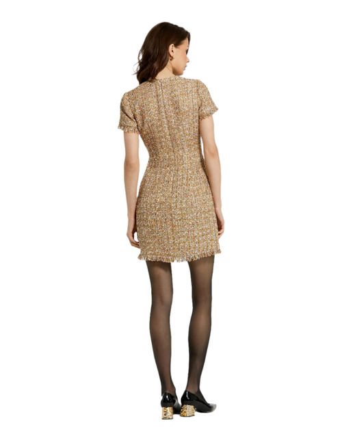 Shop Mac Duggal Boucle Short Sleeve Button Down Mini Dress With Pockets In Latte Multi