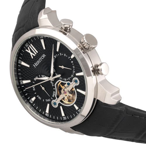 Heritor Automatic Men's Black / Silver Arthur Semi-skeleton Leather-band Watch With Day And Date - Black, Silver In Silver/black
