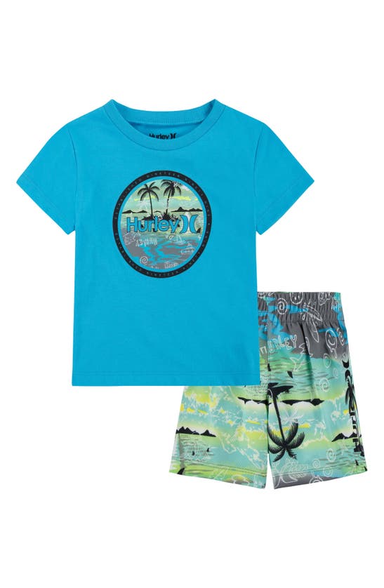 Hurley Babies'  Doodle Paradise Graphic Tee & Shorts Set In Blue Lazer