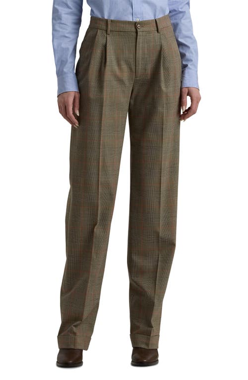 Shop Lauren Ralph Lauren Glen Check Pleated Stretch Wool Pants In Brown Multi