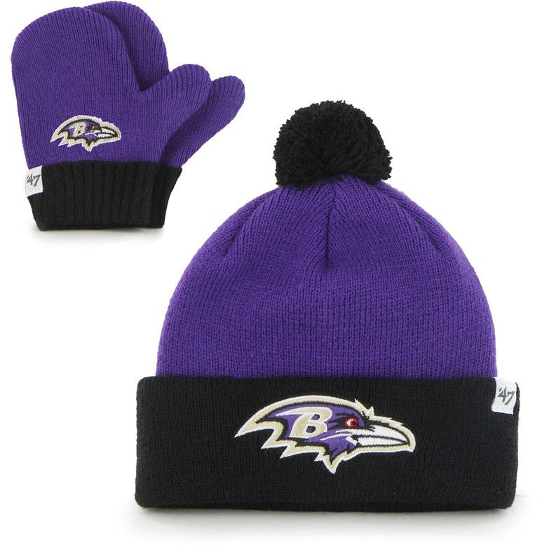 47 Babies' Infant ' Purple/black Baltimore Ravens Bam Bam Cuffed Knit Hat With Pom And Mittens Set