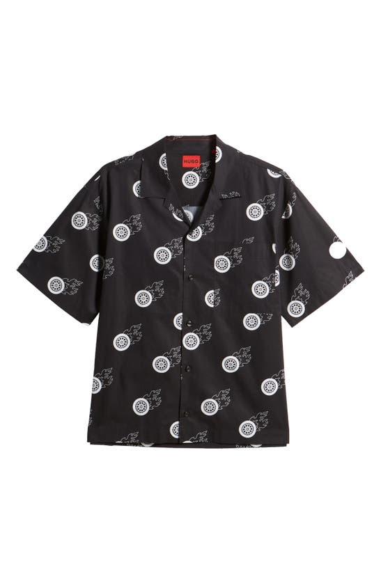 Shop Hugo Boss Hugo Egeeno Flaming Tire Print Camp Shirt In Black