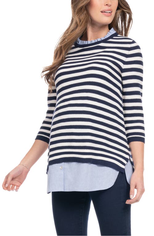 Shop Seraphine Stripe Mixed Media Layered Maternity/nursing Sweater In Ivory/navy