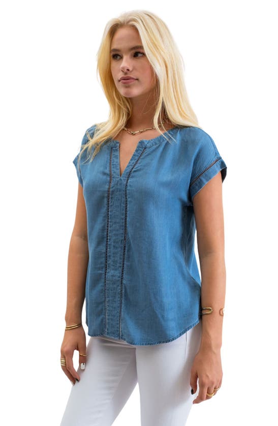 Shop Blu Pepper Split Neck Ladder Lace Top In Chambray