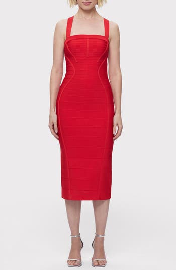 Herve Leger Sleeveless Cross-back Bandage Midi Dress In Chili