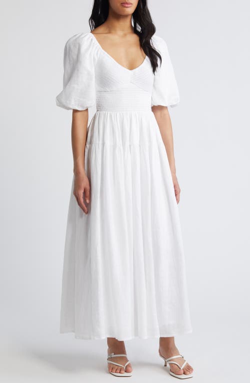 Rosarico Smocked Linen Midi Dress in White