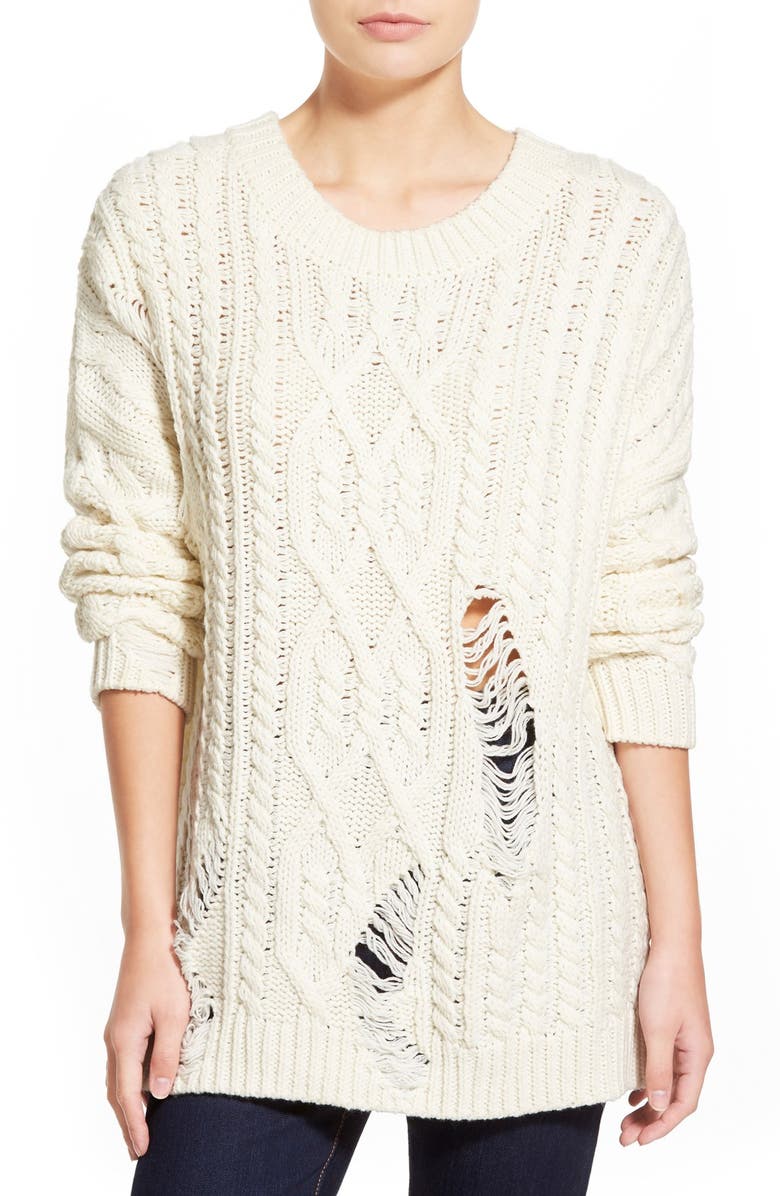 J.O.A. Destroyed Cable Knit Pullover, Main, color, IVORY