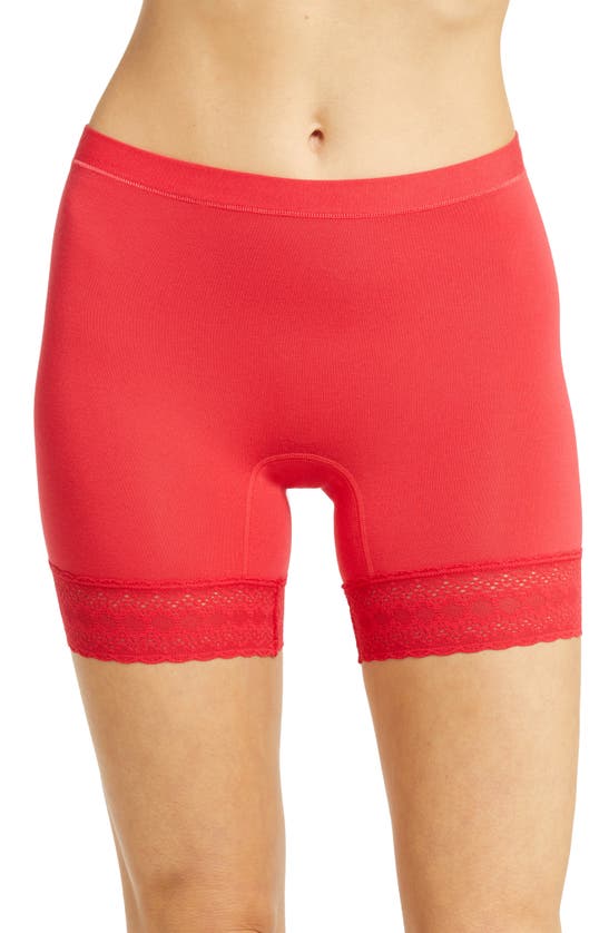 Meundies Feelfree Lace Trim Long Boyshorts In Lollipop Red