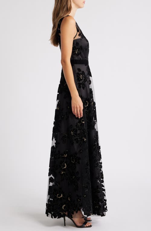 Shop Eliza J Flocked Metallic Tulle Gown In Black