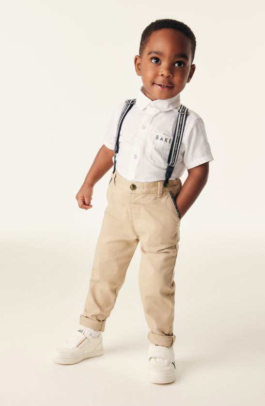 Baker By Ted Baker Kids' Short Sleeve Button-up Shirt, Trousers & Suspenders Set In Natural