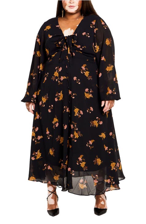 Mabel Floral Long Sleeve Chiffon Dress (Plus)