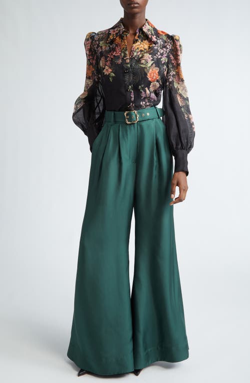 Shop Zimmermann Pavilion Belted Silk Wide Leg Pants In Pine