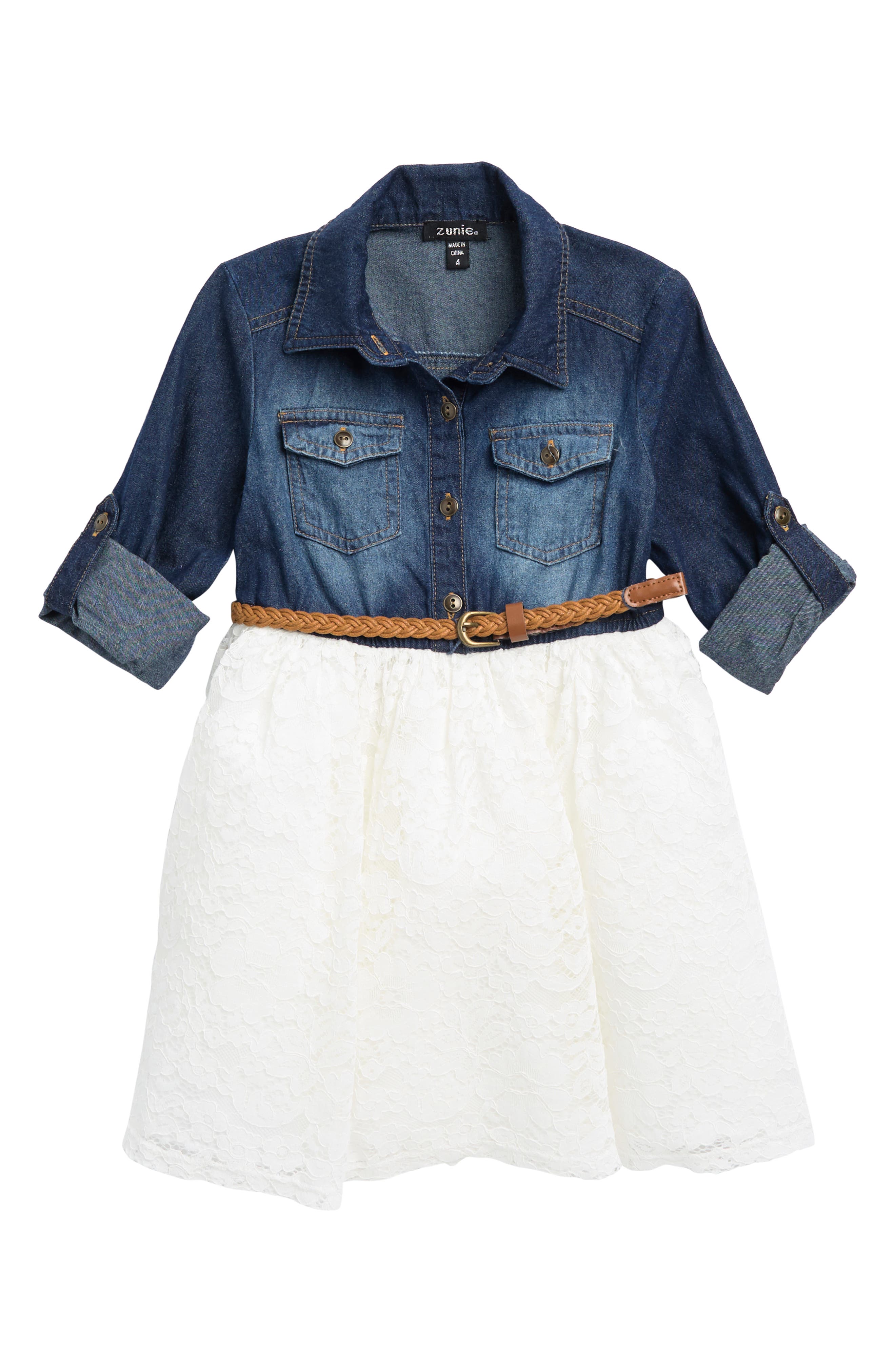 Kids' Sleeveless Belted Denim u0026 Lace Dress