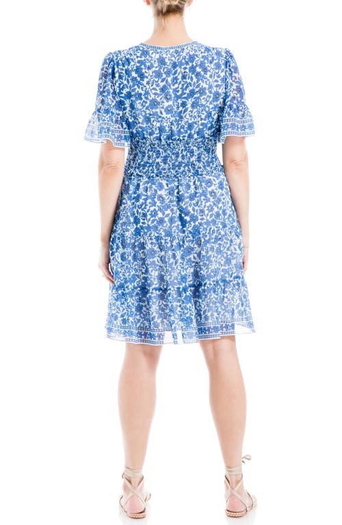 Shop Max Studio Georgette Ditsy Floral Print Tiered Dress In Cream/blue/black Md Flrl Ink
