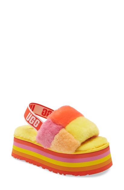 Ugg Disco Check Genuine Shearling Slingback Platform Slipper In Pride Rainbow Yellow
