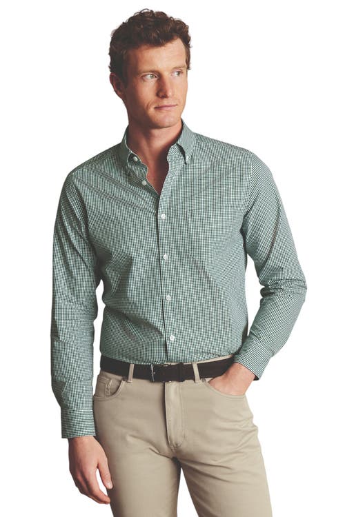 Charles Tyrwhitt Men's Button-down Collar Non-iron Stretch Poplin Mini Gingham Casual Shirt In Green