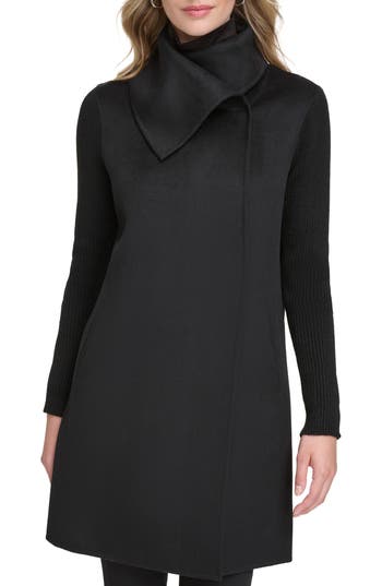 Kenneth Cole New York Asymmetric Collar Wool Blend Cloat In Black