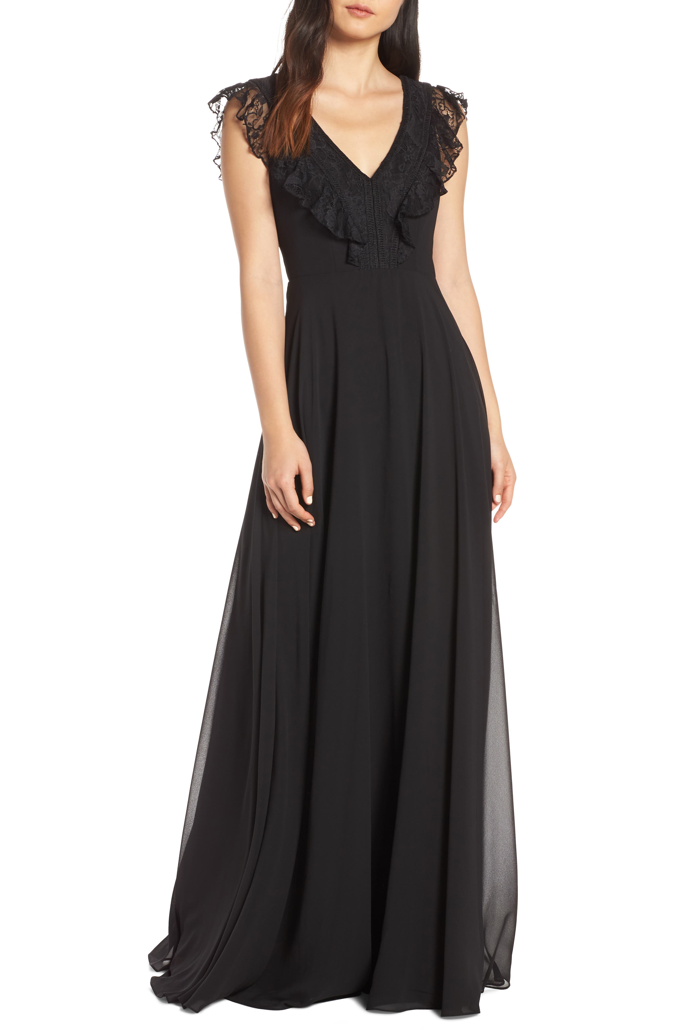 Hayley Paige Occasions Lace V-Neck Chiffon Evening Dress, Black