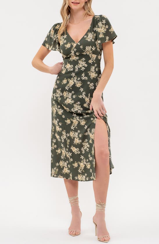 Blu Pepper Floral Print Side Slit Midi Dress In Green Multi