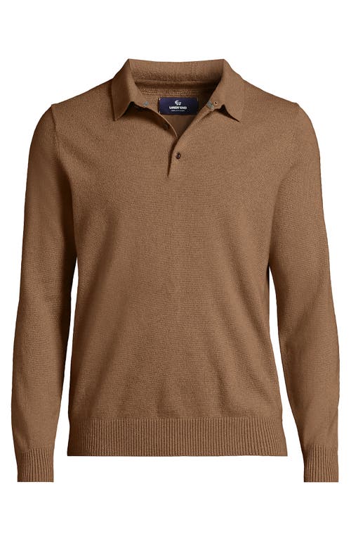 Shop Lands' End Long Sleeve Cashmere Sweater Polo In Classic Camel