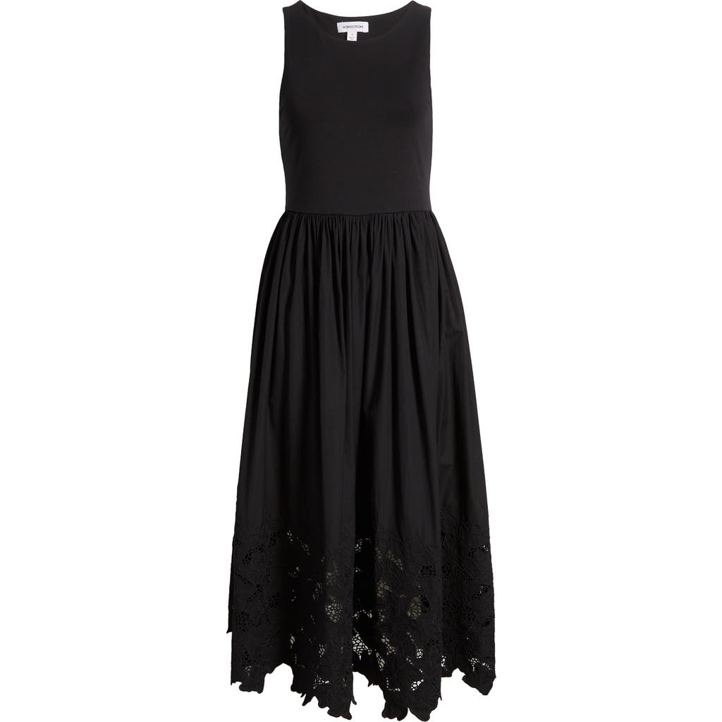 Nordstrom Embroidered Sleeveless Mixed Media Dress In Black