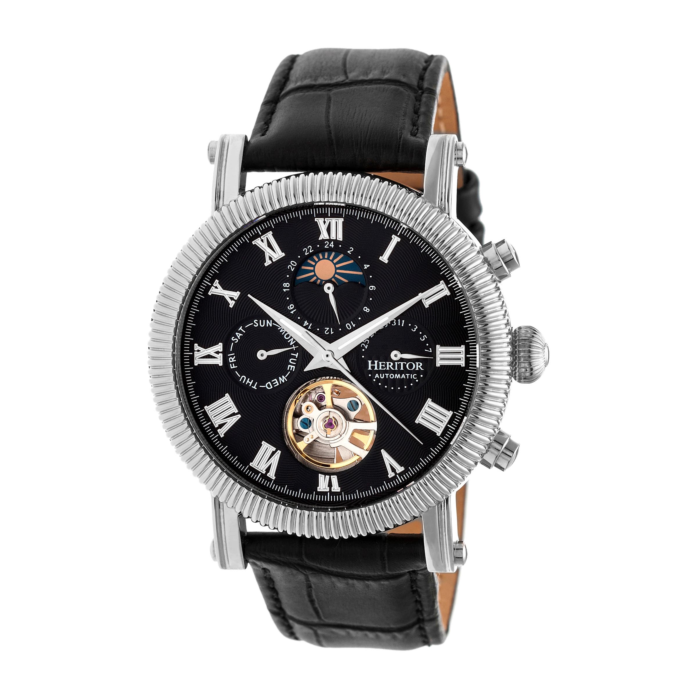 Heritor Automatic Winston Semi-Skeleton Leather-Band Watch in Silver/black Cover