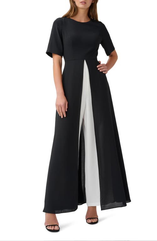 Adrianna Papell Gauzy Crepe Maxi Romper in Black/Ivory