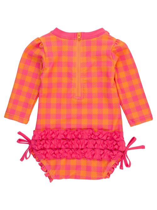 Shop Rufflebutts Baby Girls Long Sleeve Upf50+ One Piece Rash Guard In Sunset Sorbet Gingham