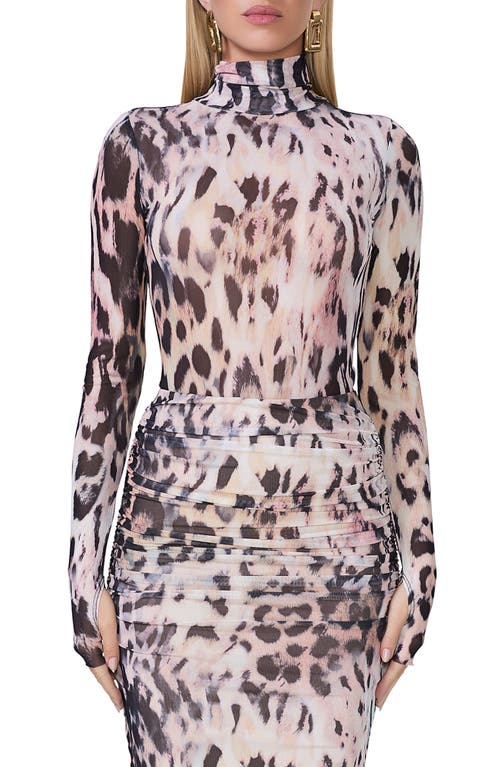 Shop Afrm Milo Print Long Sleeve Turtleneck Mesh Bodysuit In Warm Leopard