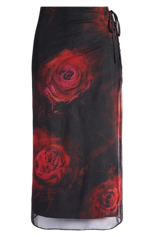 Mistress Rocks Rose Lace-up Mesh Midi Skirt In Black Rose Print