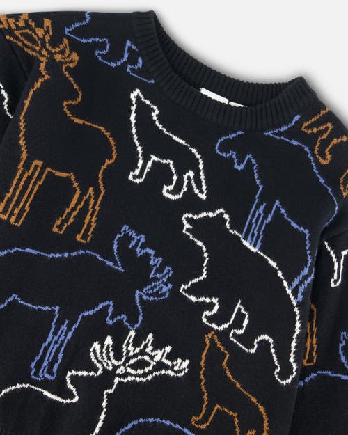 Shop Deux Par Deux Little Boy's Sweater With Intarsia Animal Forest Black In Anthracite