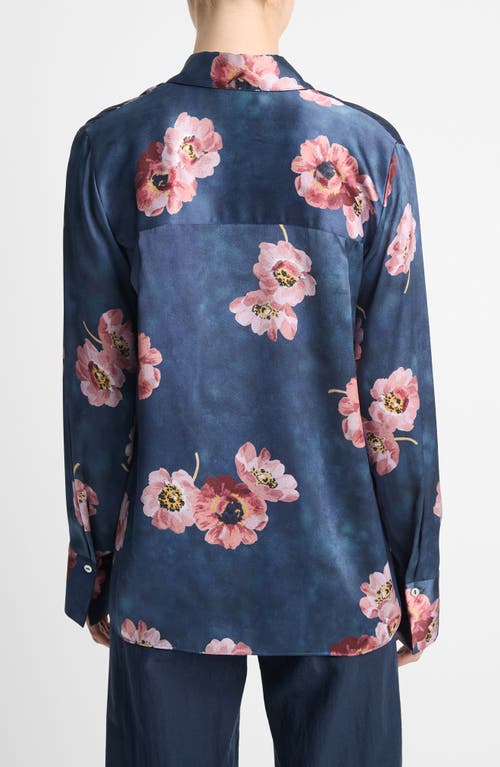 Shop Vince Painted Poppy Silk Button-up Shirt In Marine Night