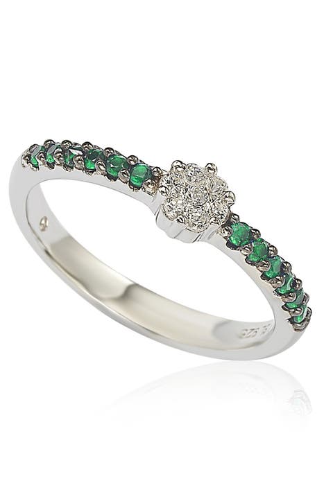 Sterling Silver White CZ Cluster & Pavé Green CZ Band Ring