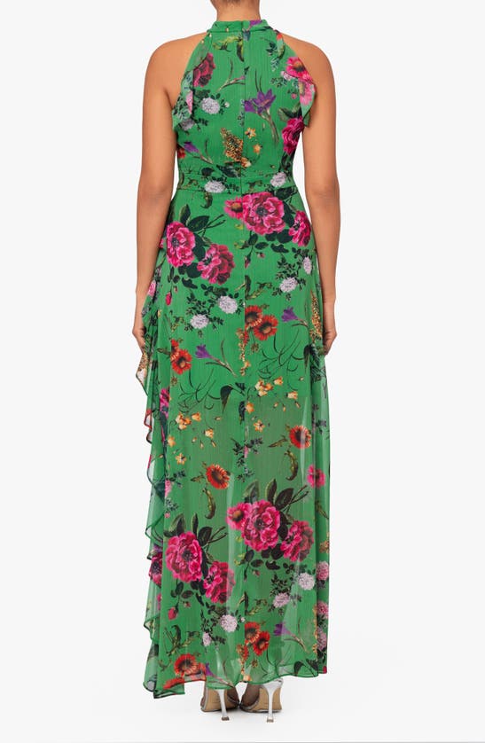 Shop Betsy & Adam Floral Print Metallic Ruffle Chiffon Gown In Green/ Multi