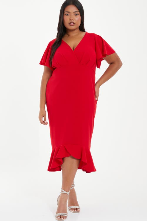 Shop Quiz V-neck Frill Hem Midi Dress In Red